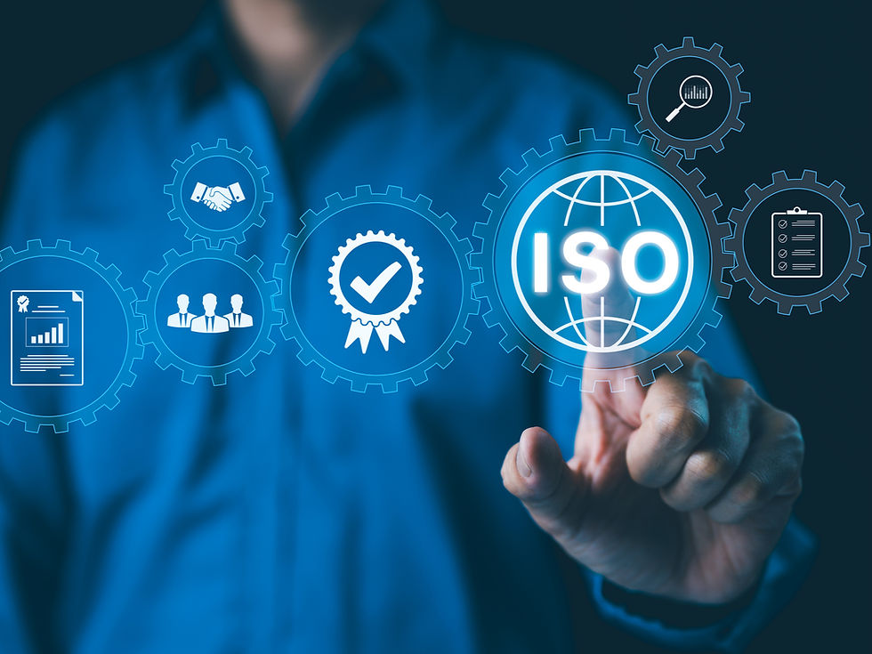 Person in blue shirt touches virtual screen with icons of gears displaying handshake, checklist, graph, and "ISO" text, symbolizing standards.