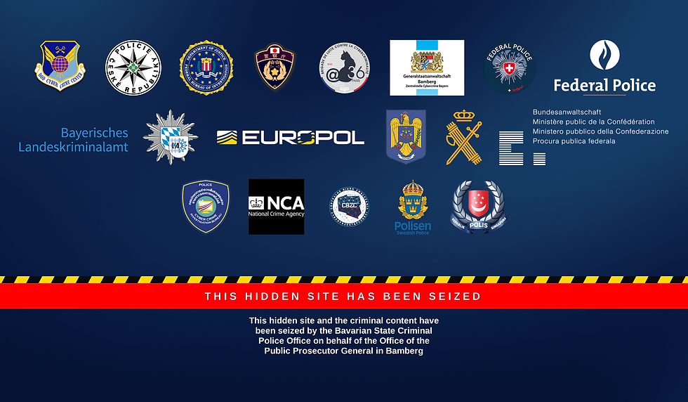 Logos of various international police agencies on a blue background. Bold text: "This hidden site has been seized" in red.