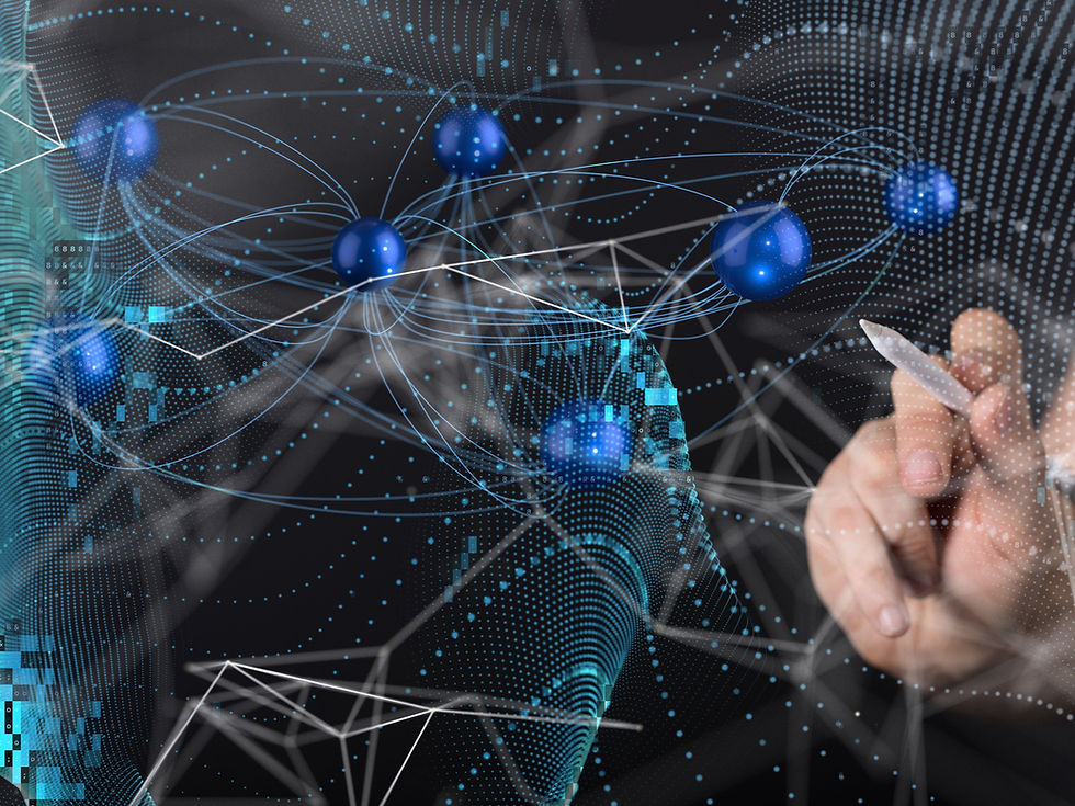 Hand holding a pen interacts with a digital network of blue nodes on a dark background, illustrating a concept of technology and connection.