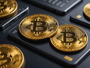 Golden Bitcoin coins on a black ledger device. Close-up shot highlighting Bitcoin symbols. Dark background with tech gadget elements.