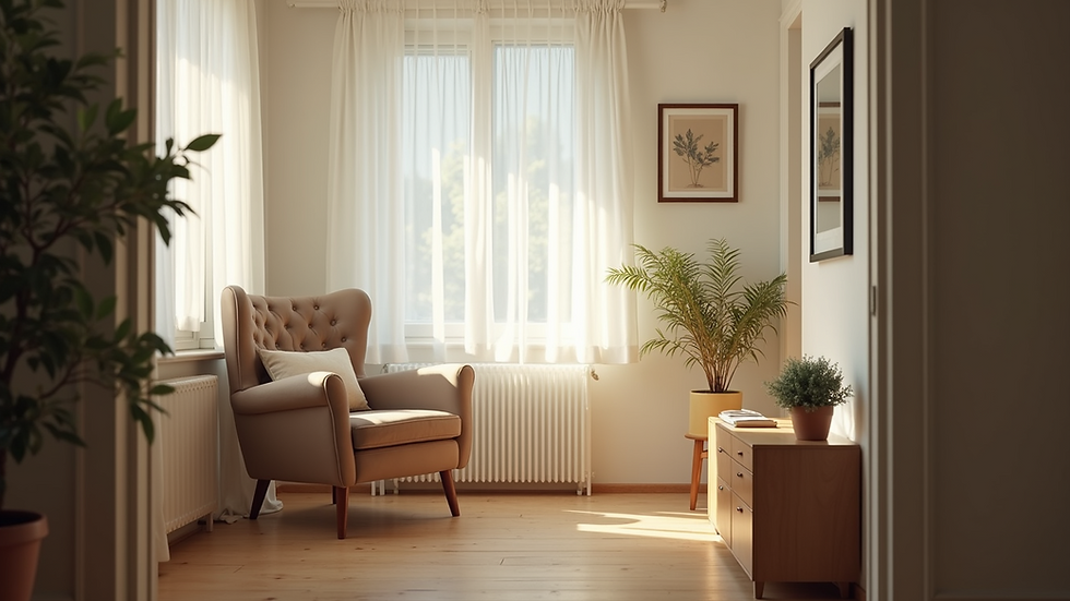 Eye-level view of a cozy living room with a comfortable chair and soft lighting