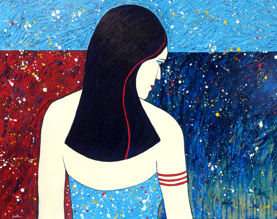 Figure With Abstract Blues & Reds