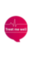 Pink speech bubble with a heartbeat line across it in white and the words Treat me well