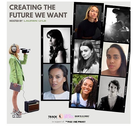 Poster that reads creating the future we want and 8 polaroid photos of women. To the left is a white woman in a green jacket holding a camera and wearing headphones