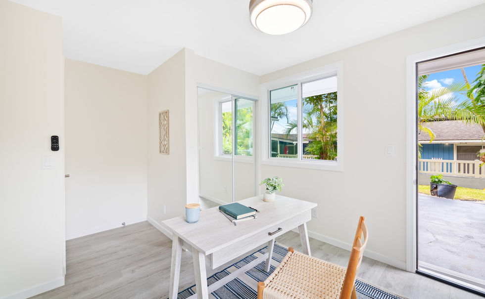 Single-story sanctuary featuring vibrant greenery and calming blues