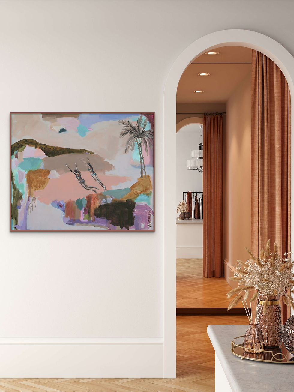 Contemporary beach artwork in rust coloured hallway