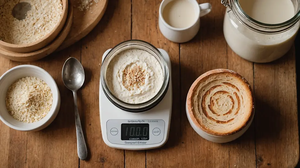 High angle view of a baking scale and a jar of sourdough starter