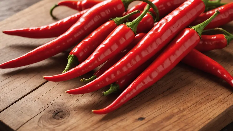 Close-up view of bright red cayenne peppers on a wooden cutting board