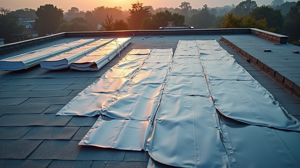 High angle view of roofing materials laid out on a roof ready for installation
