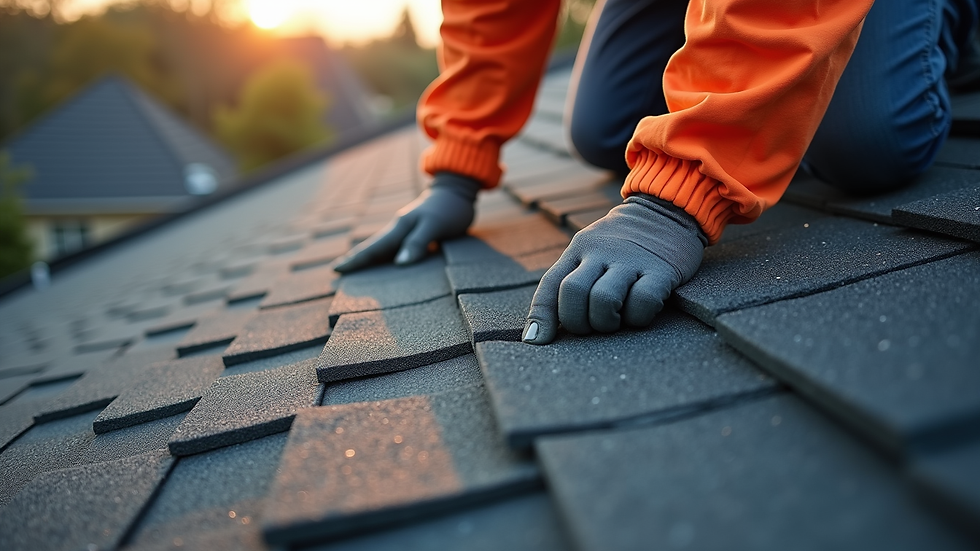 High angle view of a roofer inspecting shingles on a residential roof