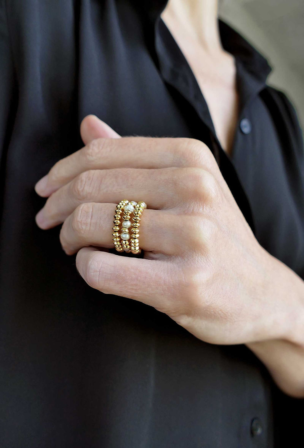 Miniatura: ANILLOS TRÍO PERLÉE DE ORO | NÁCAR
