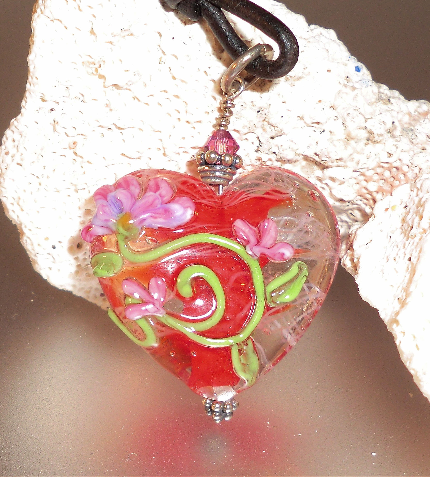 Pink Flower Heart Bead Pendant