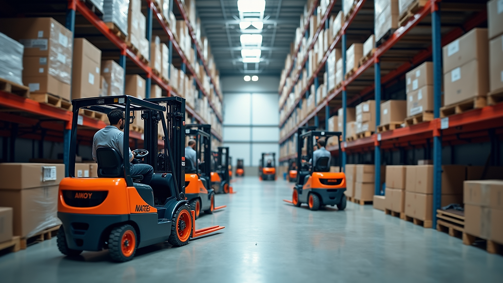 High angle view of a modern warehouse layout with high reach forklifts