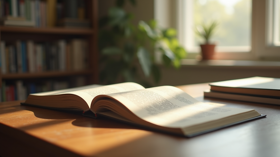 Close-up view of a lone book on a wooden desk, surrounded by natural light