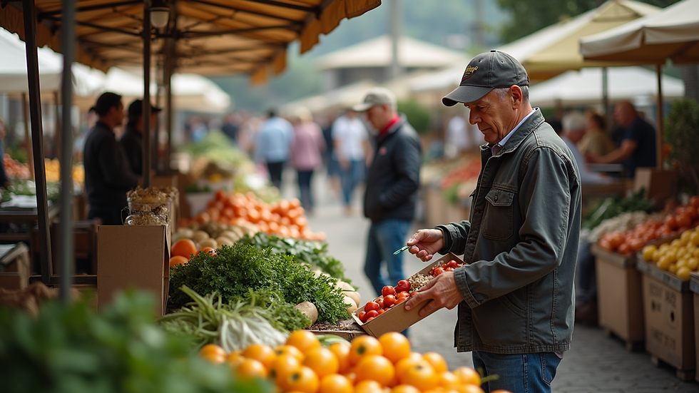 High angle view of a local farmer's market with fewer vendors than usual