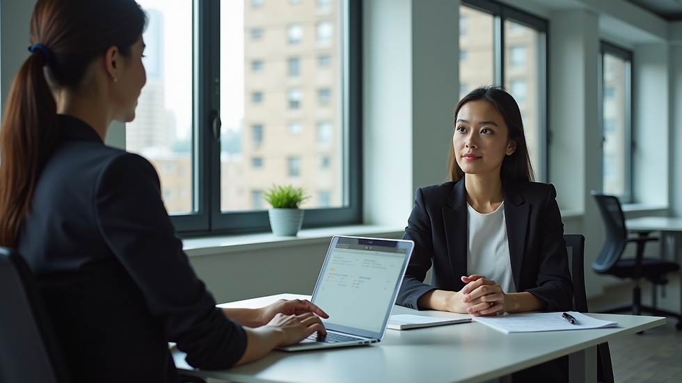 Eye-level view of a recruiter interviewing a candidate in a modern office setting