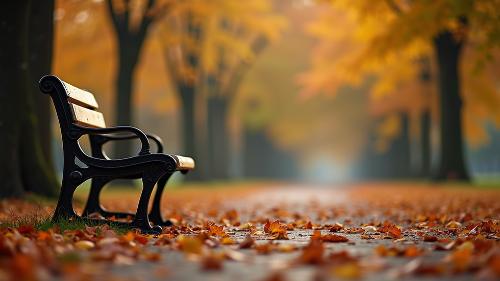 Eye-level view of a quiet park bench surrounded by vibrant autumn leaves