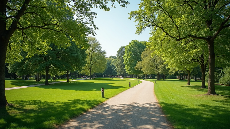Wide angle view of a peaceful park with walking trails amidst greenery.