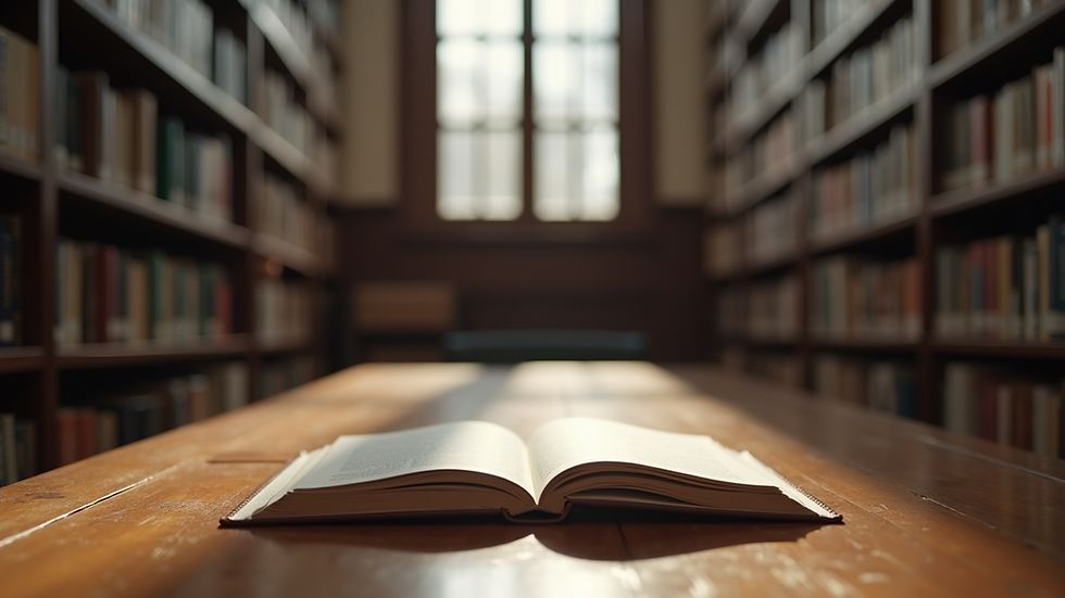 Eye-level view of a quiet library space with open books on a wooden table.