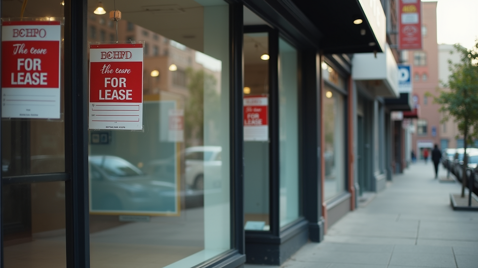 Close-up view of empty storefronts showcasing "For Lease" signs
