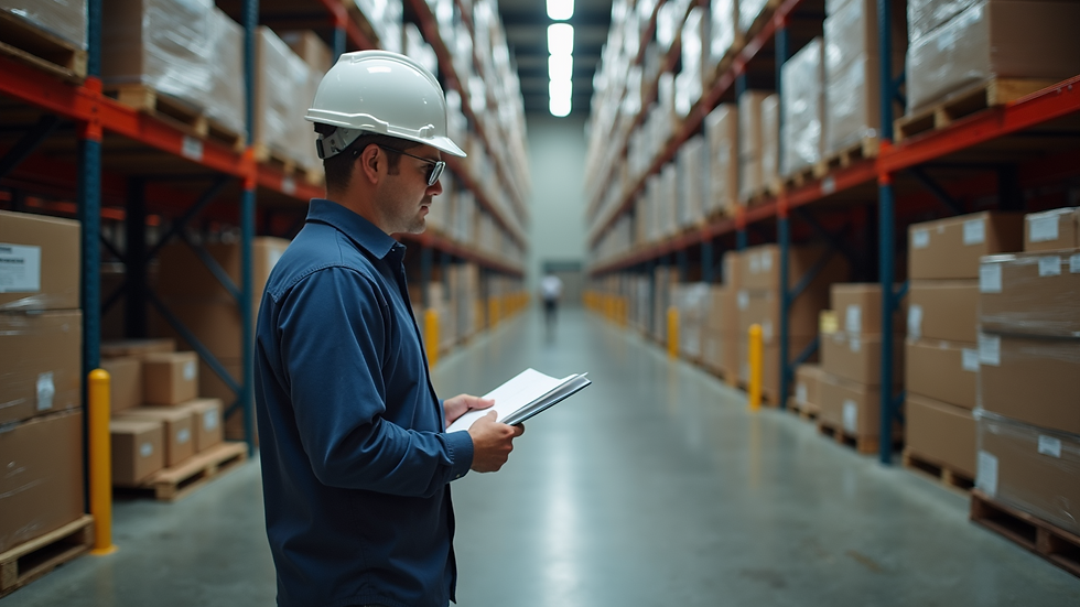 High angle view of a warehouse safety audit in progress