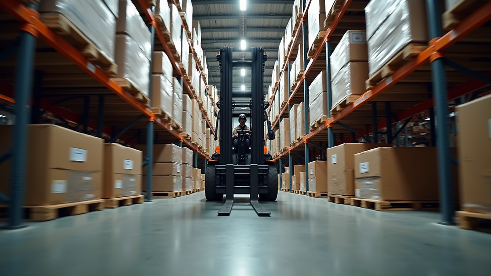 Eye-level view of high reach forklift navigating narrow aisles in a warehouse