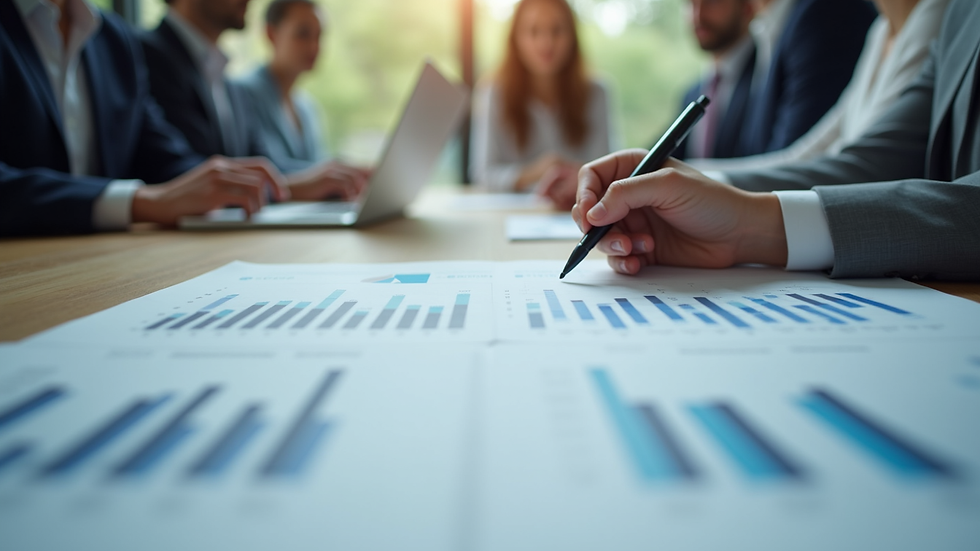 Close-up view of a business meeting with charts and laptops on the table