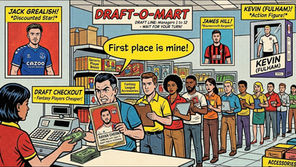 Fantasy football draft store checkout with customers in line holding player cards, buying Jack Grealish, James Hill, Kevin Fulham figures.