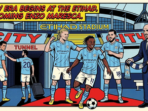 Comic-style Etihad Stadium scene with Man City players and Enzo Maresca; banner reads A NEW ERA BEGINS AT THE ETIHAD.