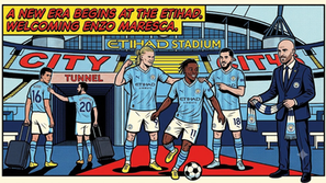 Comic-style Etihad Stadium scene with Man City players and Enzo Maresca; banner reads A NEW ERA BEGINS AT THE ETIHAD.