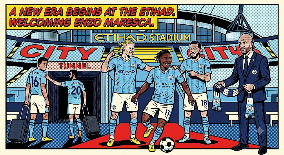 Comic-style Etihad Stadium scene with Man City players and Enzo Maresca; banner reads A NEW ERA BEGINS AT THE ETIHAD.