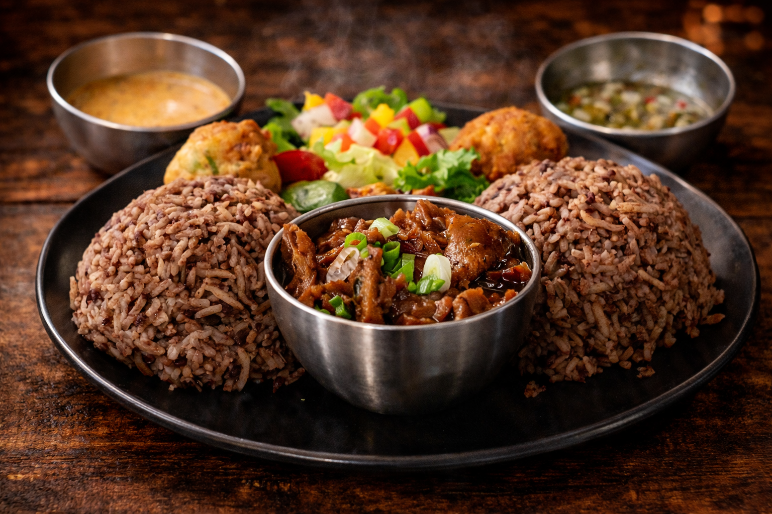 Lambi riz haricots rouges, salade, Accras de morue, sauce