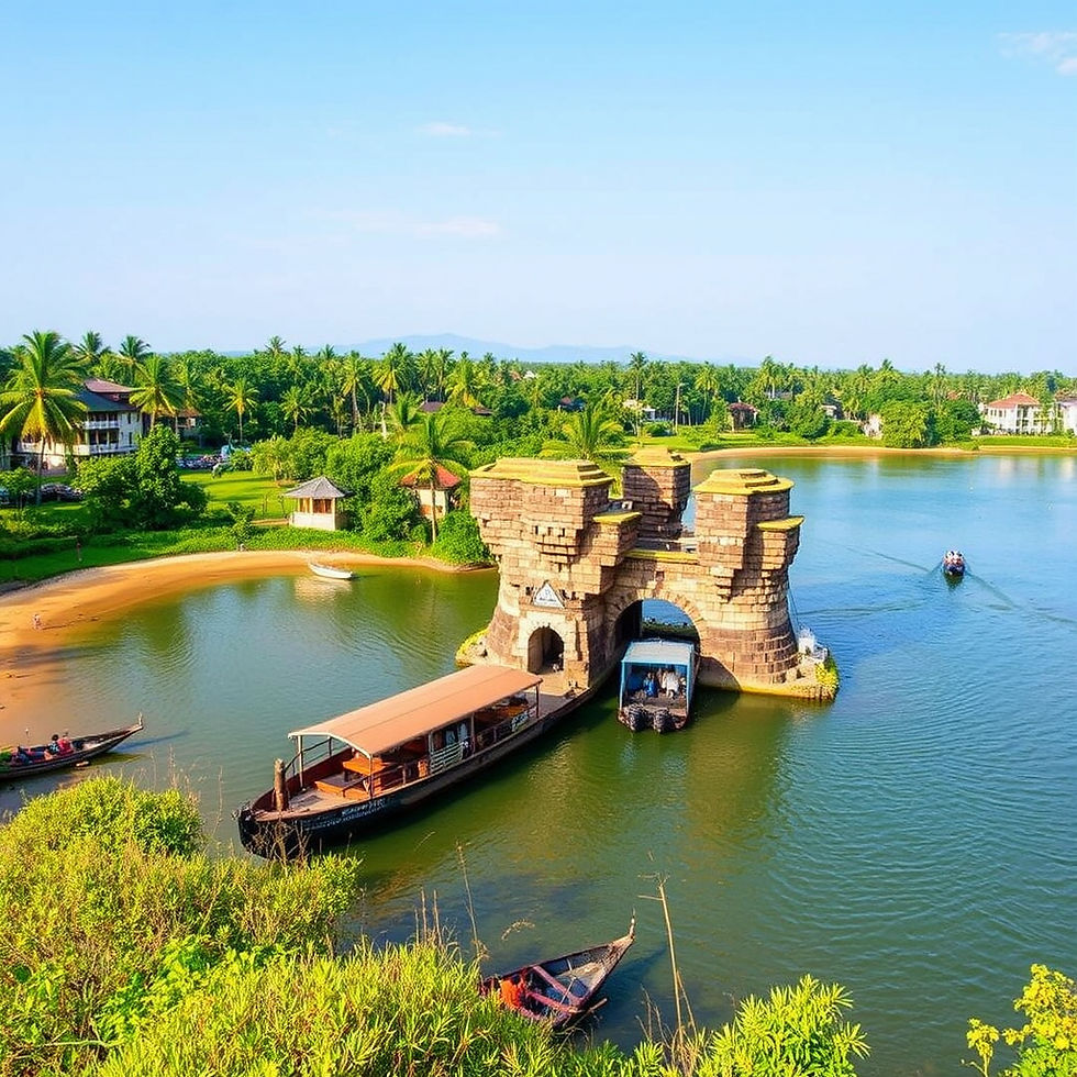Boats navigate through a scenic waterway, surrounded by lush greenery and a historical stone archway, showcasing the serene travel experiences offered by Asian Trails India.