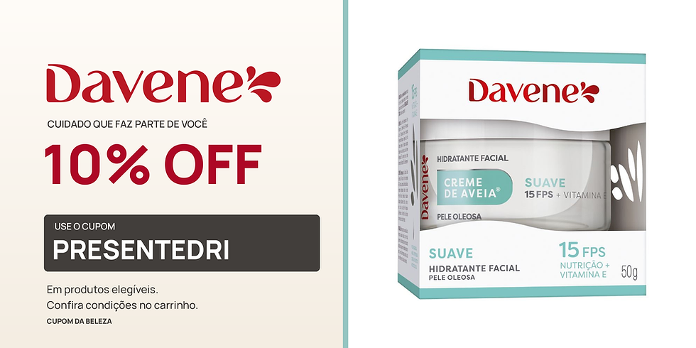 Cupom Davene PRESENTEDRI para 10% de desconto em produtos elegíveis, com logo oficial e foto oficial do Creme Hidratante Facial de Aveia Suave 50g.