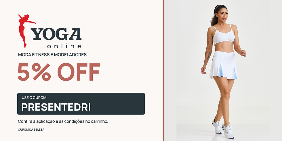 Cupom Yoga Online PRESENTEDRI, 5% OFF informado na parceria oficial, com logo oficial e foto de modelo usando o Top Drapeado da marca.