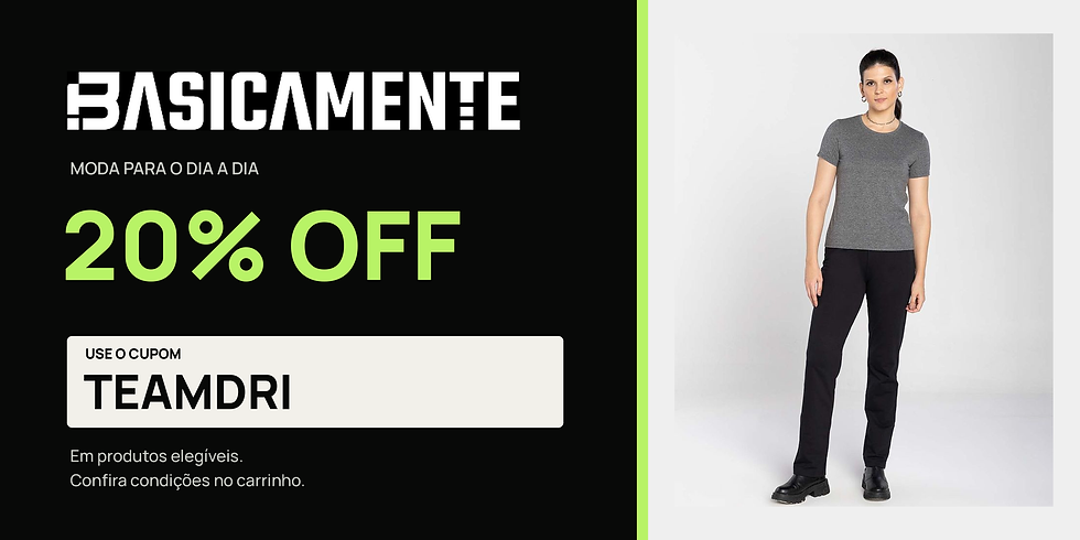 Cupom Basicamente TEAMDRI para 20% de desconto em produtos elegíveis, com logo oficial e foto oficial da Tech T-Shirt Anti Odor feminina cinza.