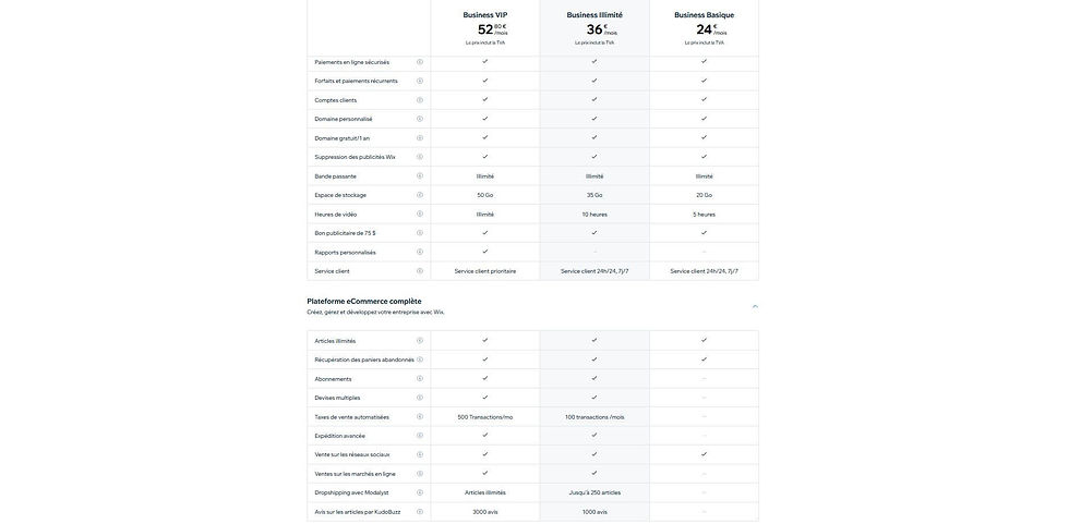 les différents abonnements wix
