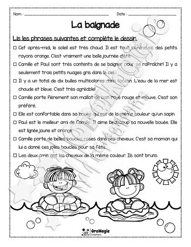 Compréhension de lecture - Lis et colorie - La baignade