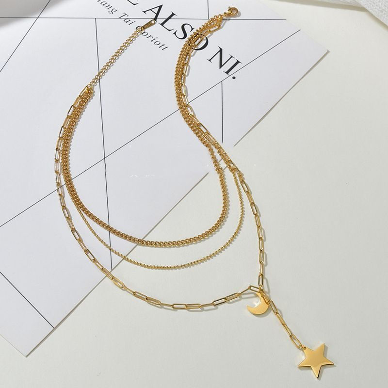 Thumbnail: Double-layer Star-moon Jewelry Simple Titanium Steel Necklace Female Niche Desig