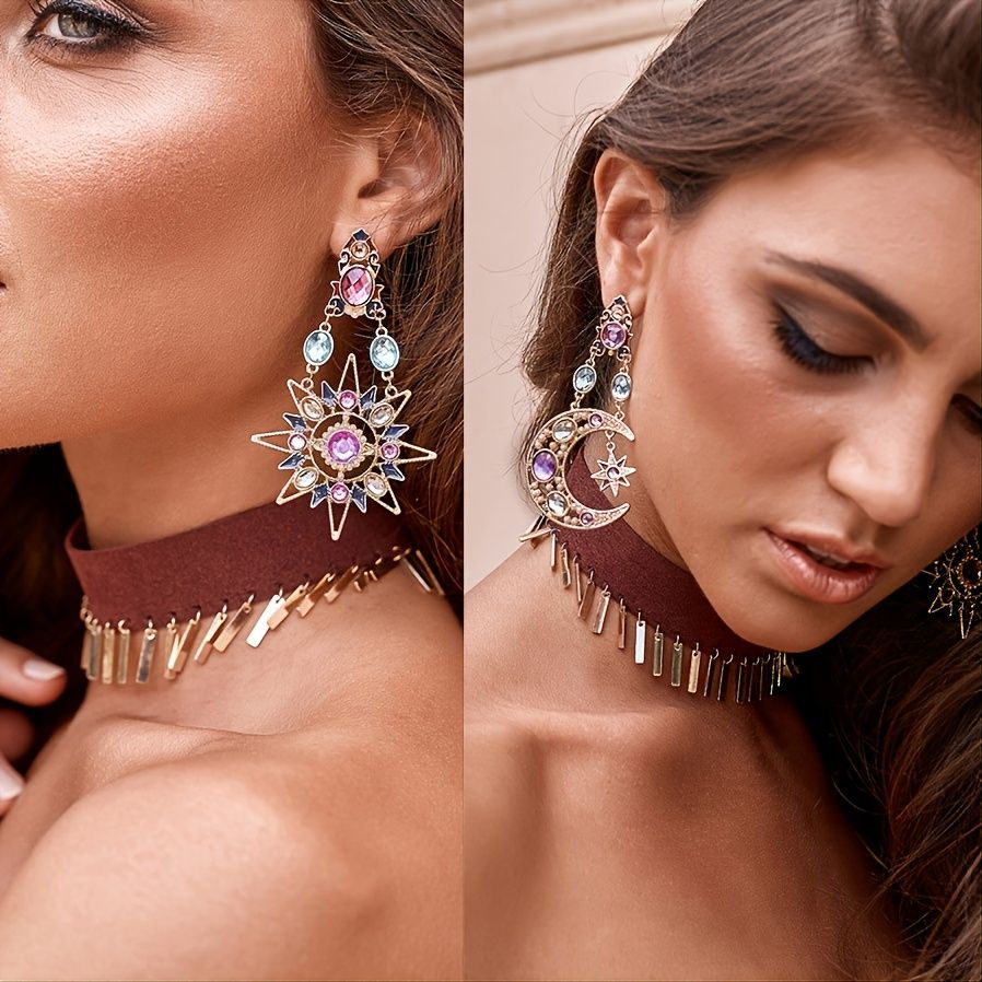Thumbnail: Sun Moon Stars Drop Earrings Rhinestone Punk Earrings For Women Jewelry Golden B