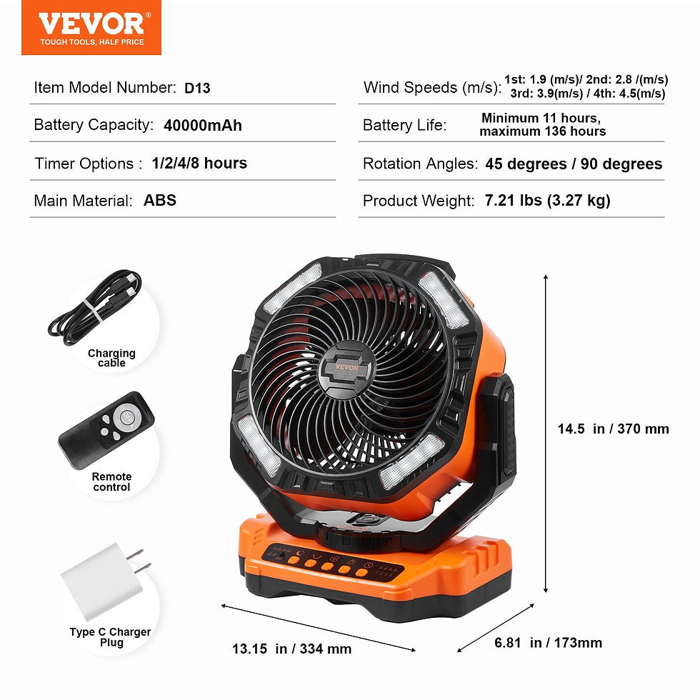 Thumbnail: VEVOR Portable Fan Rechargeable 13 inch, Battery Powered Fan with LED Lantern, 4