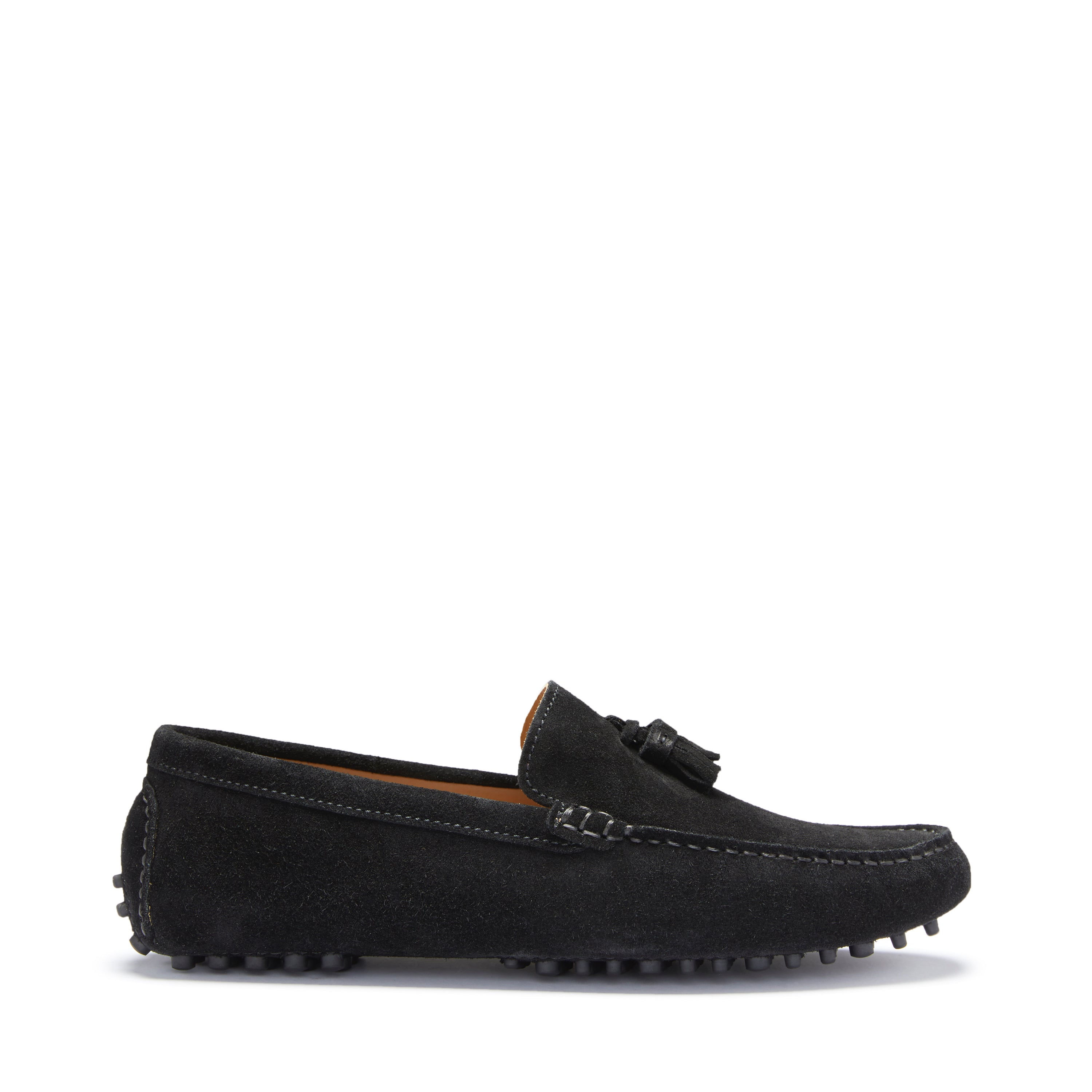 Tasselled Driving Loafers, Black Suede
