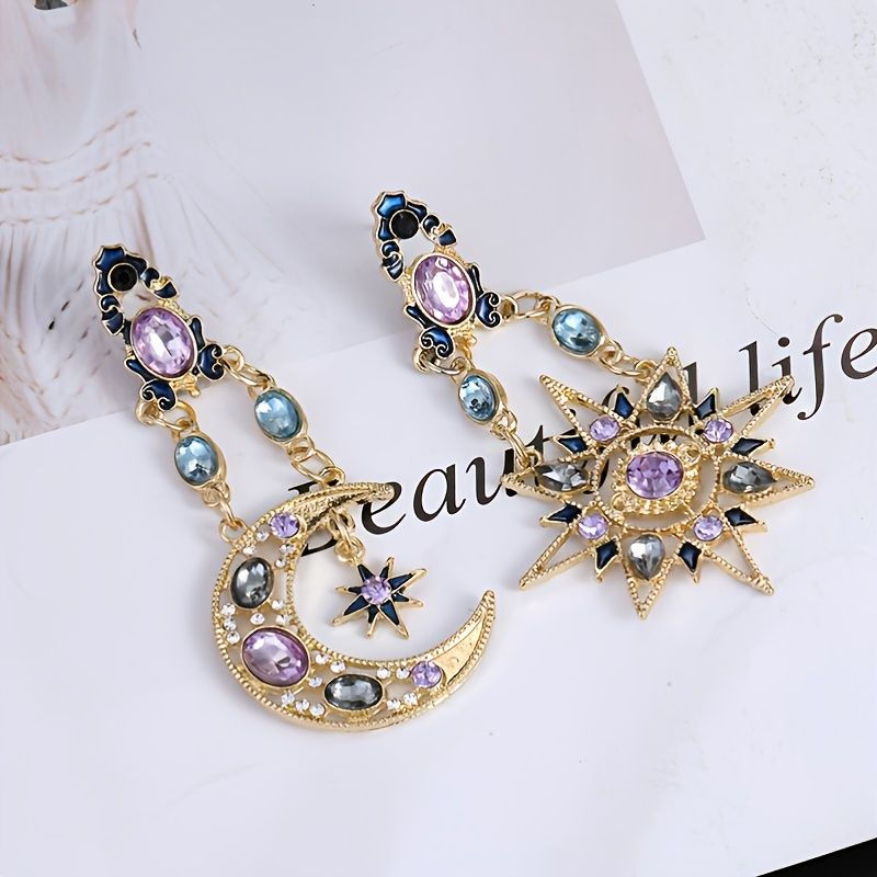 Thumbnail: Sun Moon Stars Drop Earrings Rhinestone Punk Earrings For Women Jewelry Golden B