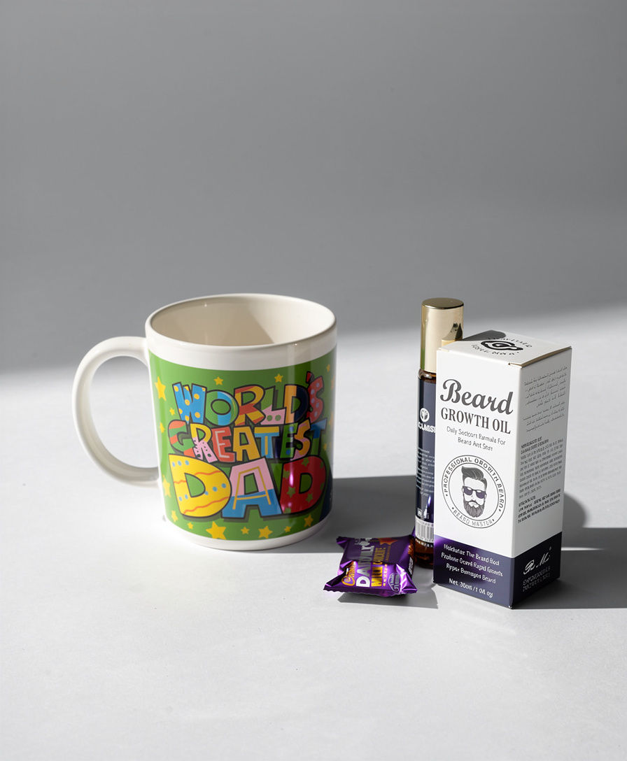 Father's Day Gift Set | World's Greatest Dad Mug with Beard Oil & Chocolate | AC