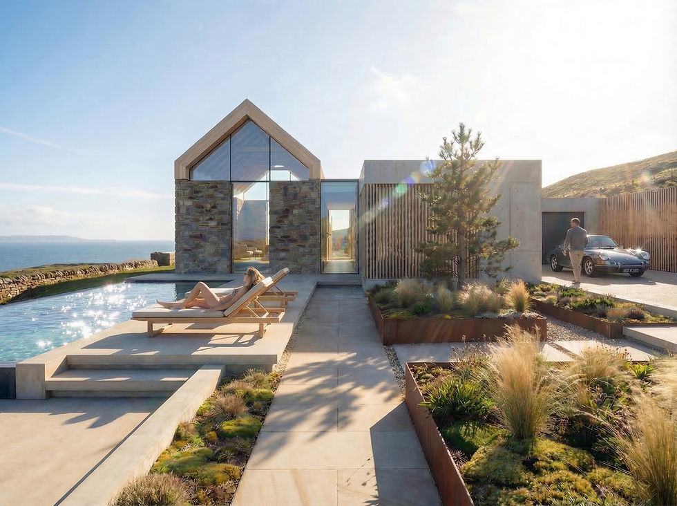 Architektur-Visualisierung: Moderne Terrassen-Landschaft eines Hauses am Wasser mit Personen in der Abendsonne.