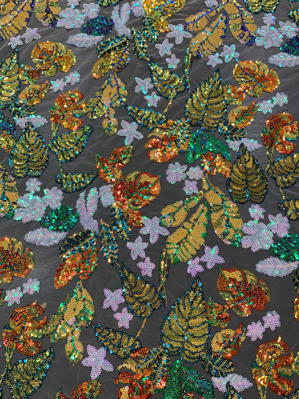 Miniatura: TUL BORDADO CHAMPAGNE C/ FLORES TORNASOL LENTEJUELA MULTICOLOR