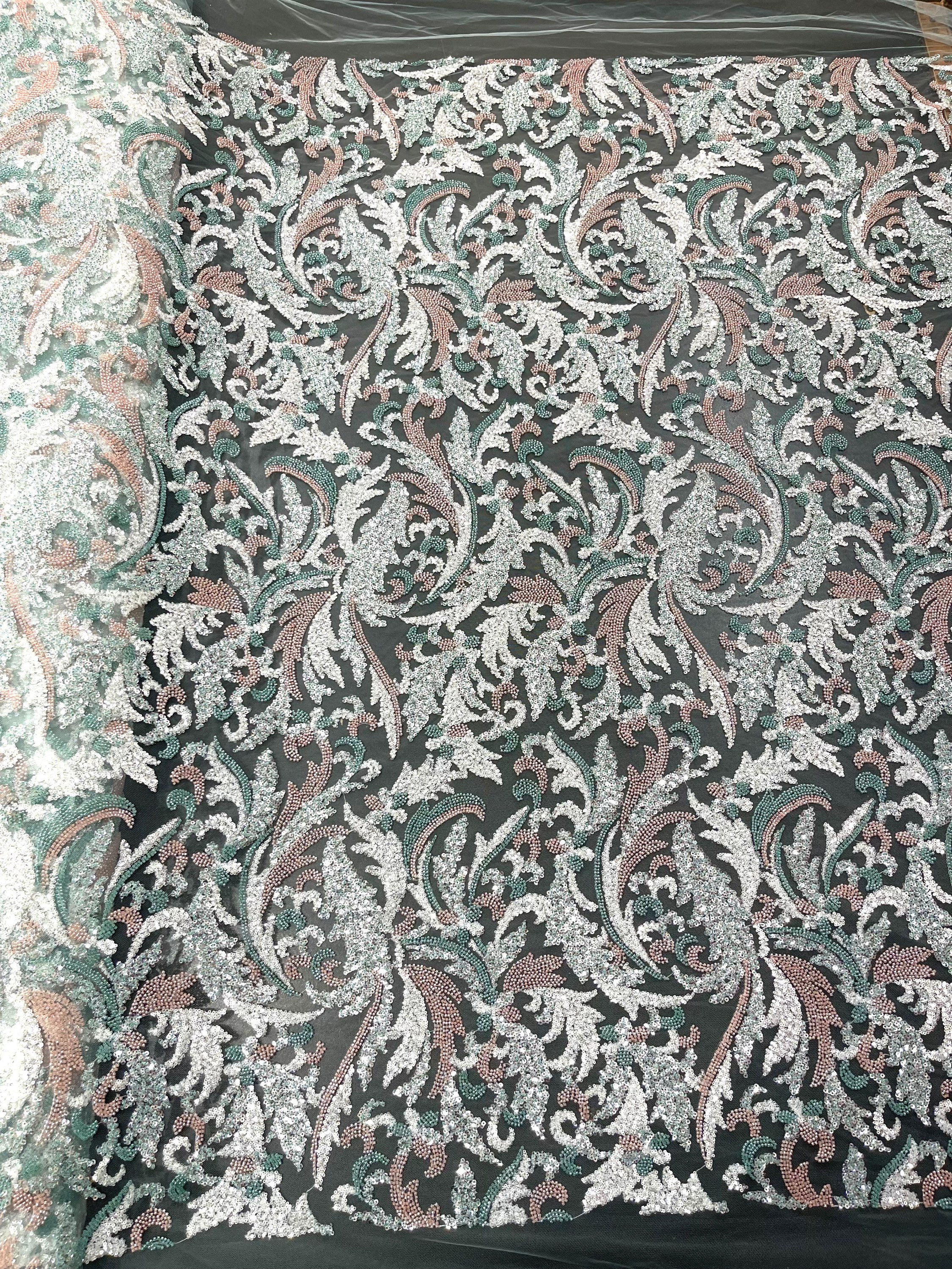 TUL BORDADO AZUL TIFFANY CON ROSA