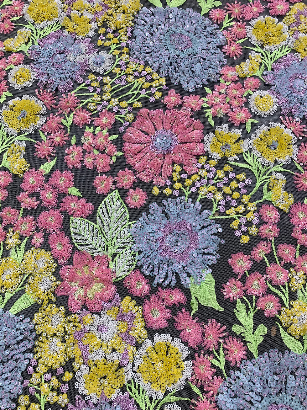 Miniatura: TUL BORDADO BLANCO C/ FLORES LENTEJUELA ROSA AZUL CIELO Y AMARILLO 