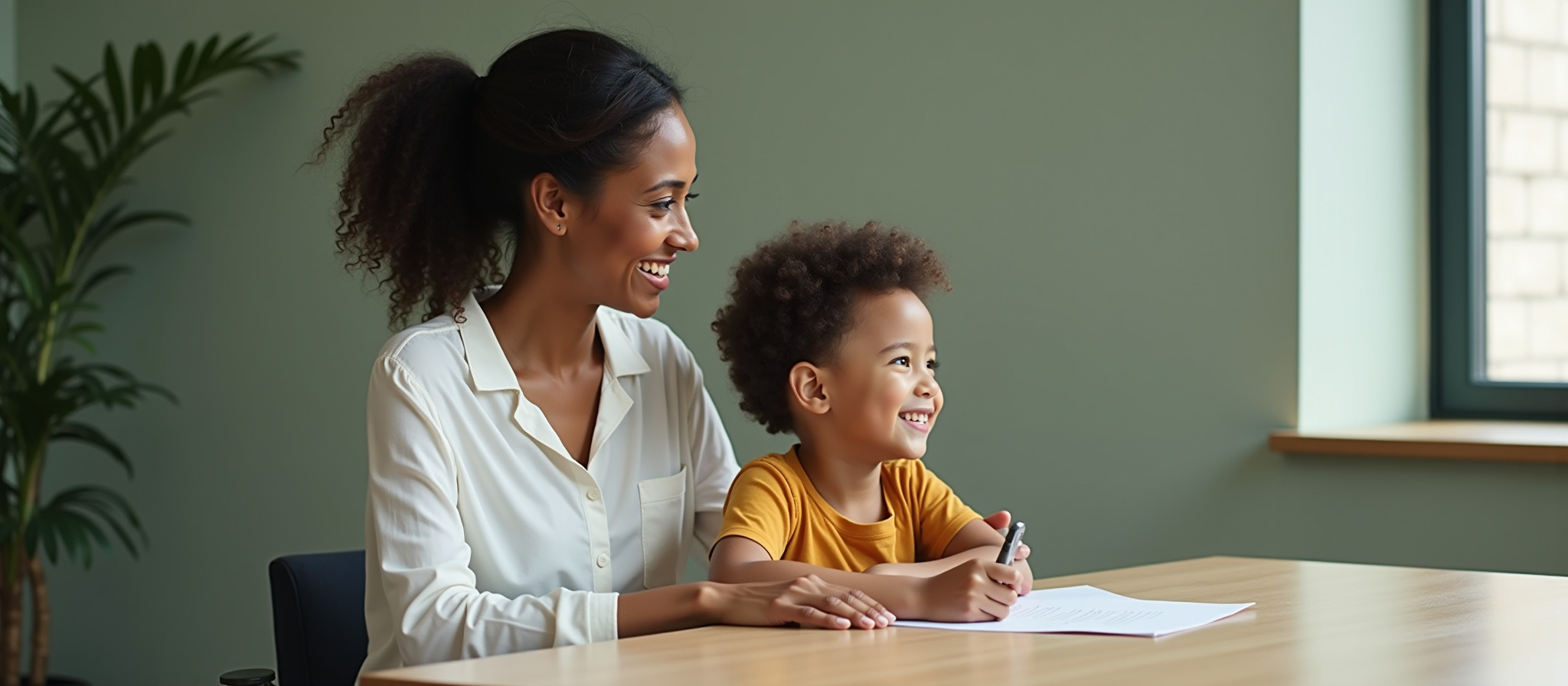Mother and child sitting together smiling at a table with paper and pen.