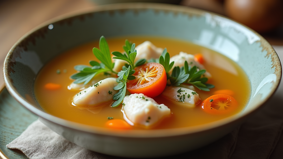 Eye-level view of a bowl of clear chicken soup with herbs
